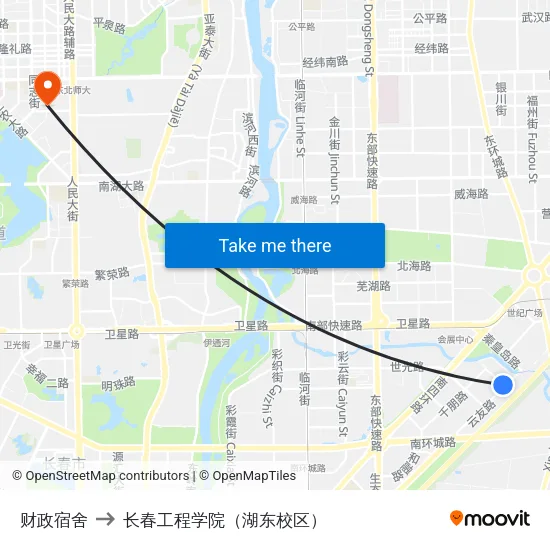 财政宿舍 to 长春工程学院（湖东校区） map