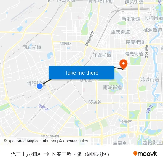 一汽三十八街区 to 长春工程学院（湖东校区） map