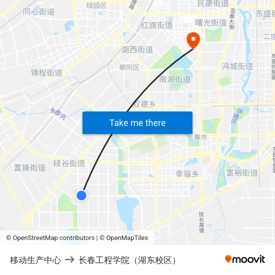 移动生产中心 to 长春工程学院（湖东校区） map