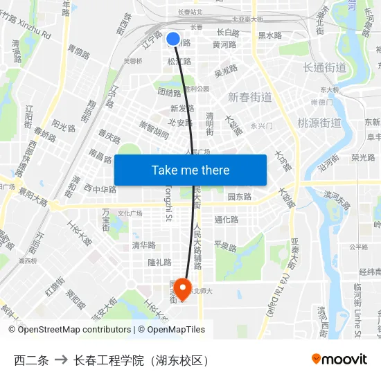 西二条 to 长春工程学院（湖东校区） map