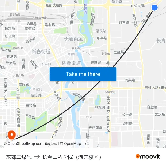 东郊二煤气 to 长春工程学院（湖东校区） map