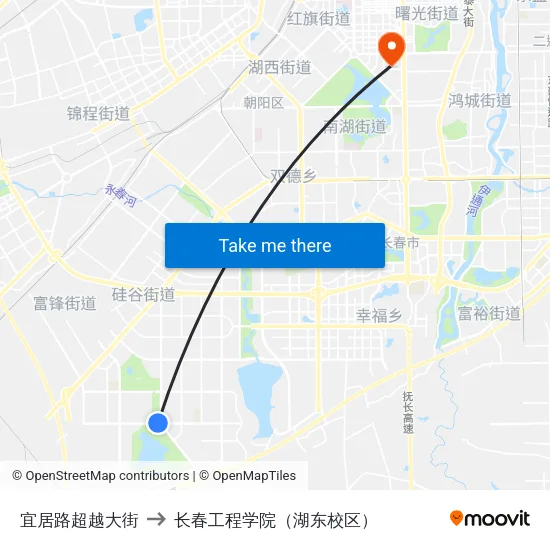 宜居路超越大街 to 长春工程学院（湖东校区） map