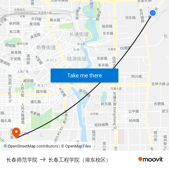 长春师范学院 to 长春工程学院（湖东校区） map