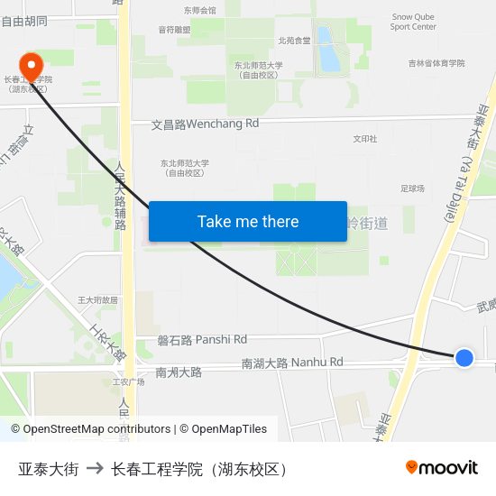 亚泰大街 to 长春工程学院（湖东校区） map