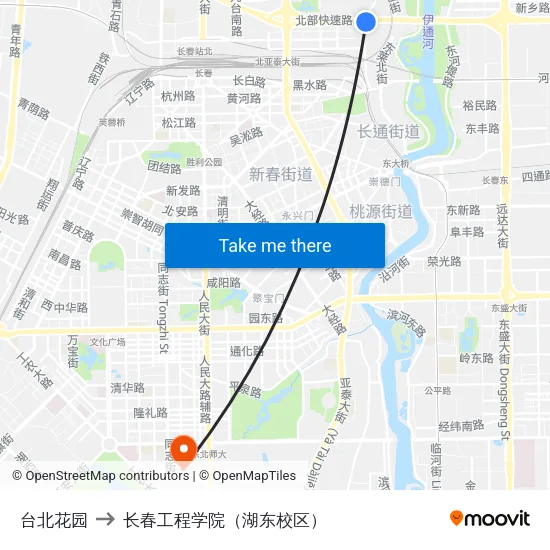 台北花园 to 长春工程学院（湖东校区） map