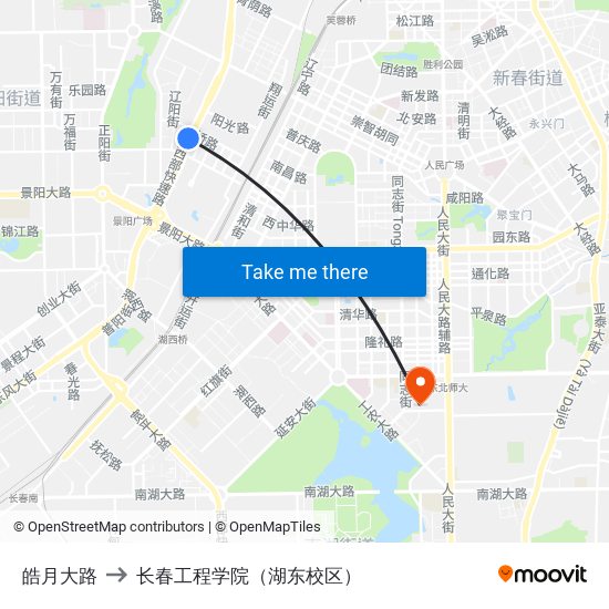 皓月大路 to 长春工程学院（湖东校区） map