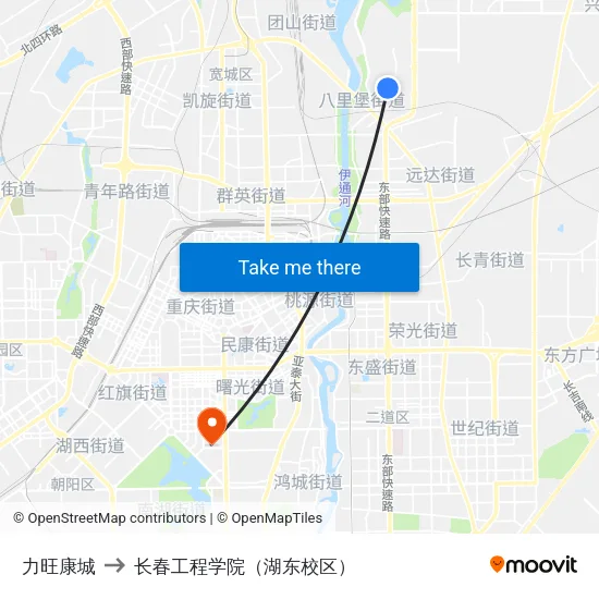 力旺康城 to 长春工程学院（湖东校区） map