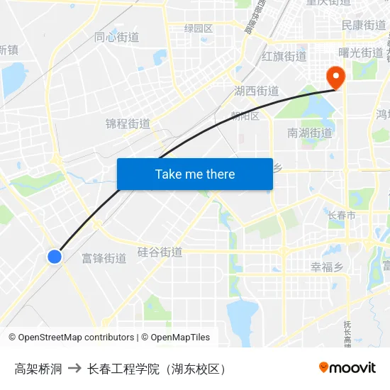 高架桥洞 to 长春工程学院（湖东校区） map