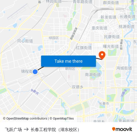 飞跃广场 to 长春工程学院（湖东校区） map