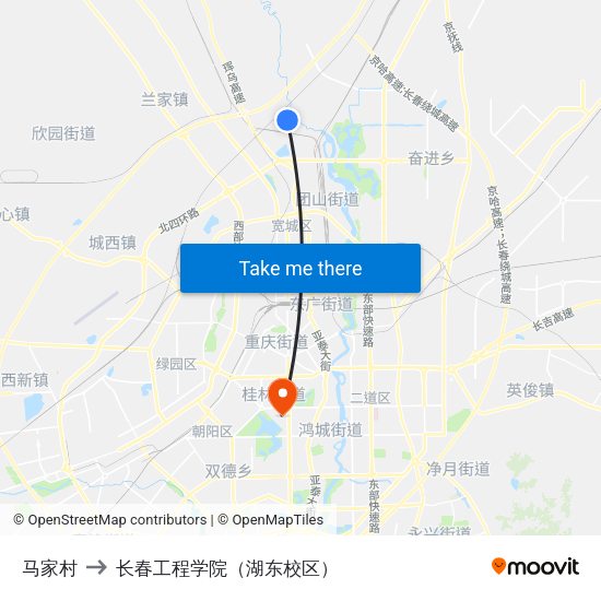 马家村 to 长春工程学院（湖东校区） map