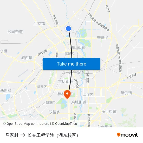 马家村 to 长春工程学院（湖东校区） map