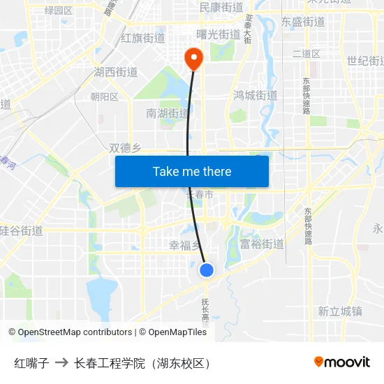 红嘴子 to 长春工程学院（湖东校区） map