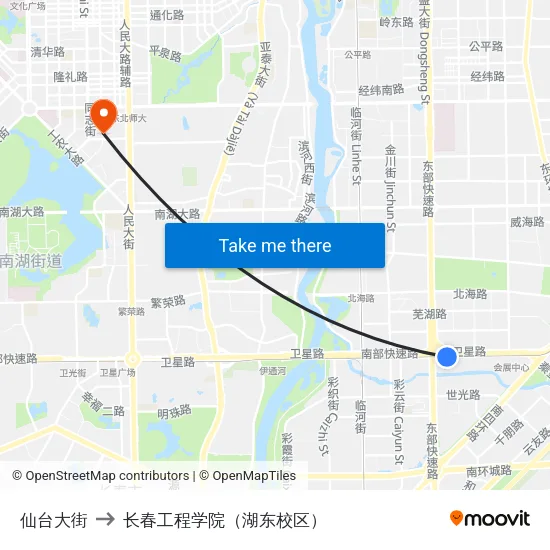 仙台大街 to 长春工程学院（湖东校区） map