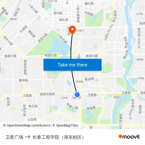 卫星广场 to 长春工程学院（湖东校区） map
