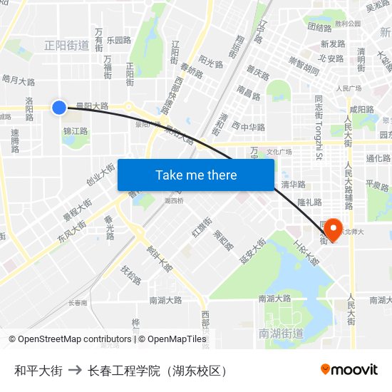 和平大街 to 长春工程学院（湖东校区） map