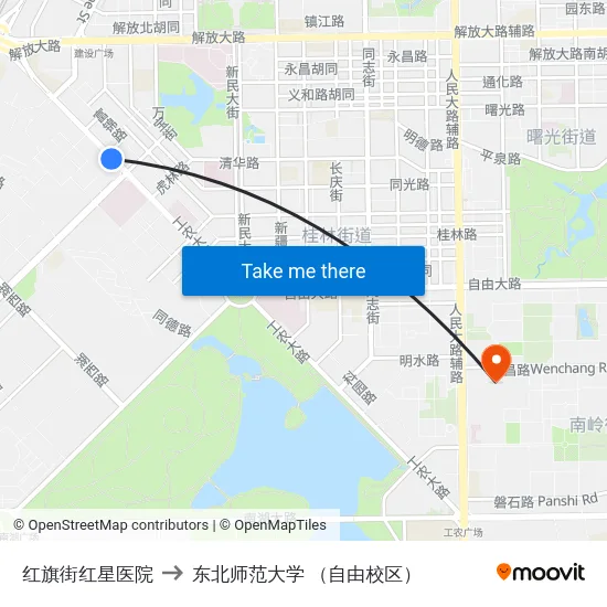 红旗街红星医院 to 东北师范大学 （自由校区） map