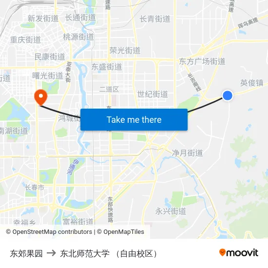 东郊果园 to 东北师范大学 （自由校区） map