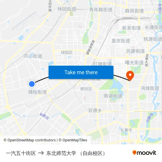 一汽五十街区 to 东北师范大学 （自由校区） map