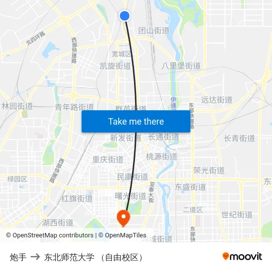 炮手 to 东北师范大学 （自由校区） map