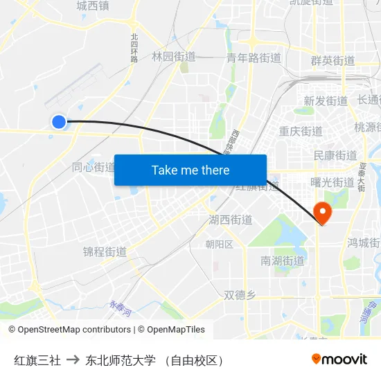 红旗三社 to 东北师范大学 （自由校区） map