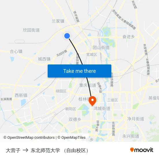 大营子 to 东北师范大学 （自由校区） map