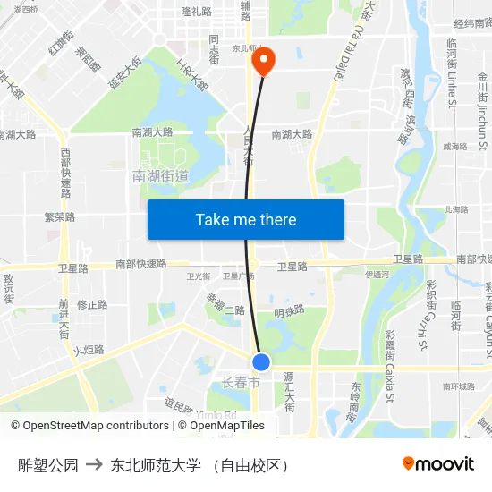 雕塑公园 to 东北师范大学 （自由校区） map