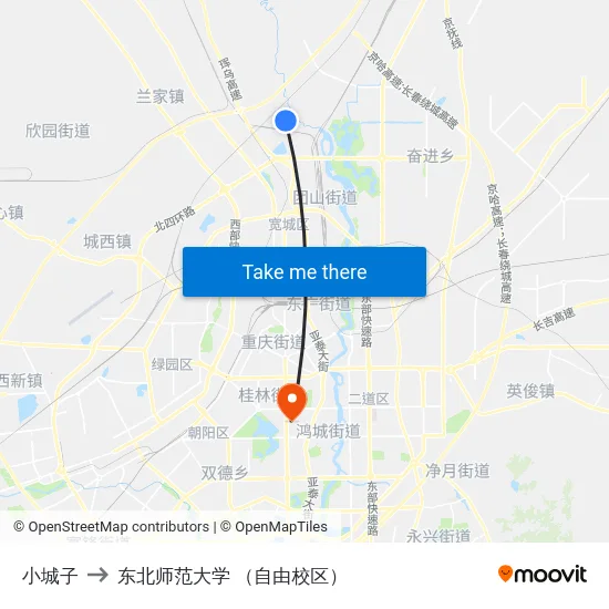 小城子 to 东北师范大学 （自由校区） map