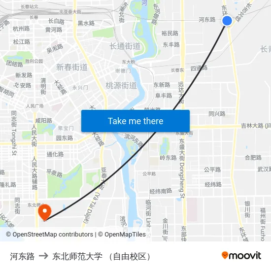 河东路 to 东北师范大学 （自由校区） map