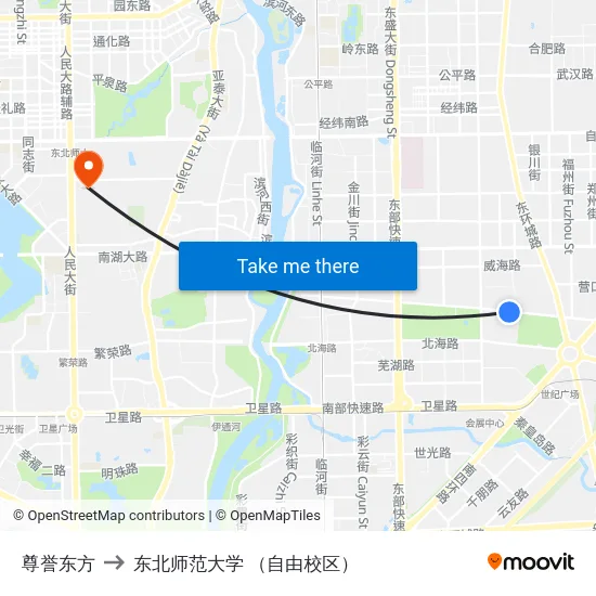 尊誉东方 to 东北师范大学 （自由校区） map