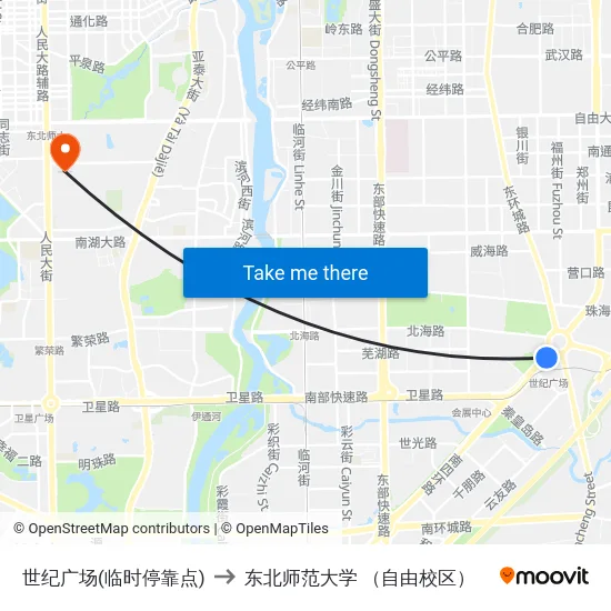 世纪广场(临时停靠点) to 东北师范大学 （自由校区） map