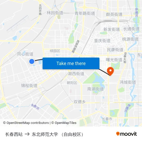 长春西站 to 东北师范大学 （自由校区） map