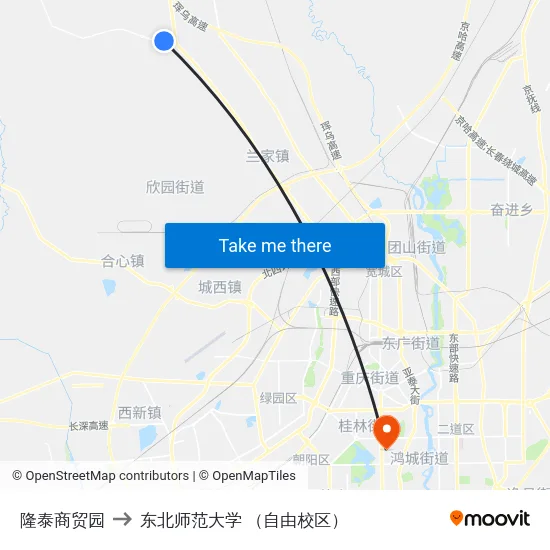 隆泰商贸园 to 东北师范大学 （自由校区） map