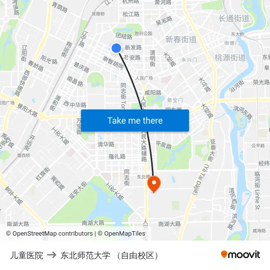 儿童医院 to 东北师范大学 （自由校区） map