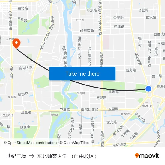 世纪广场 to 东北师范大学 （自由校区） map