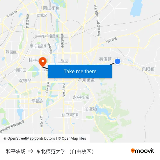 和平农场 to 东北师范大学 （自由校区） map