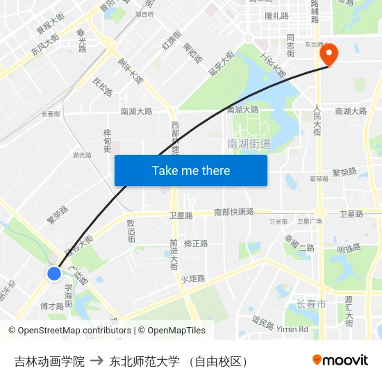 吉林动画学院 to 东北师范大学 （自由校区） map