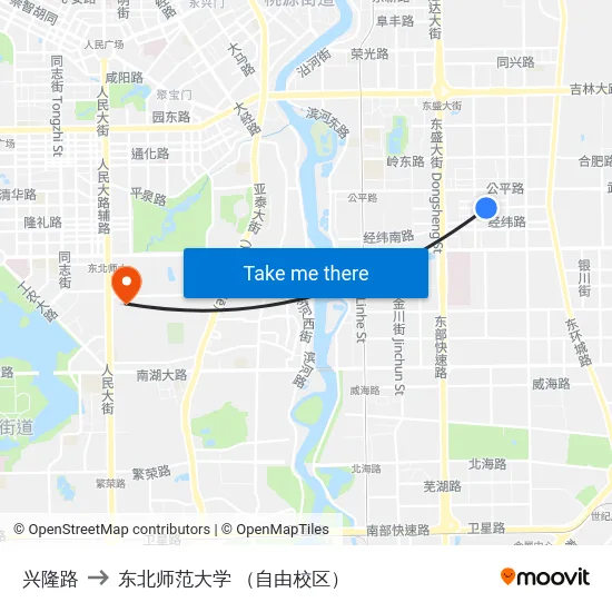 兴隆路 to 东北师范大学 （自由校区） map