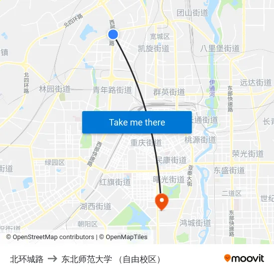 北环城路 to 东北师范大学 （自由校区） map