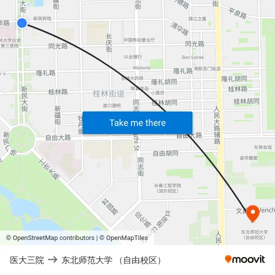 医大三院 to 东北师范大学 （自由校区） map