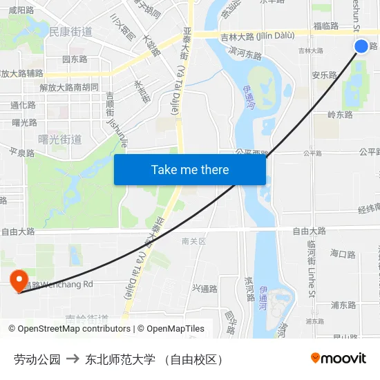 劳动公园 to 东北师范大学 （自由校区） map