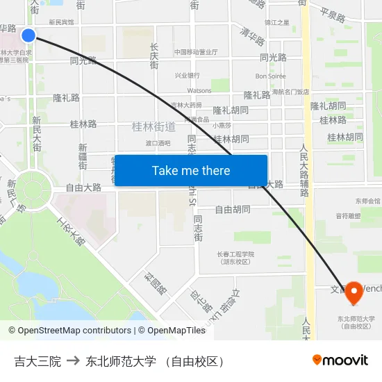 吉大三院 to 东北师范大学 （自由校区） map