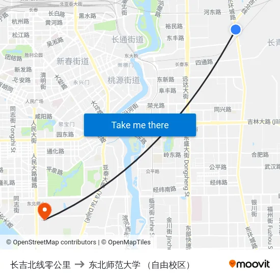 长吉北线零公里 to 东北师范大学 （自由校区） map