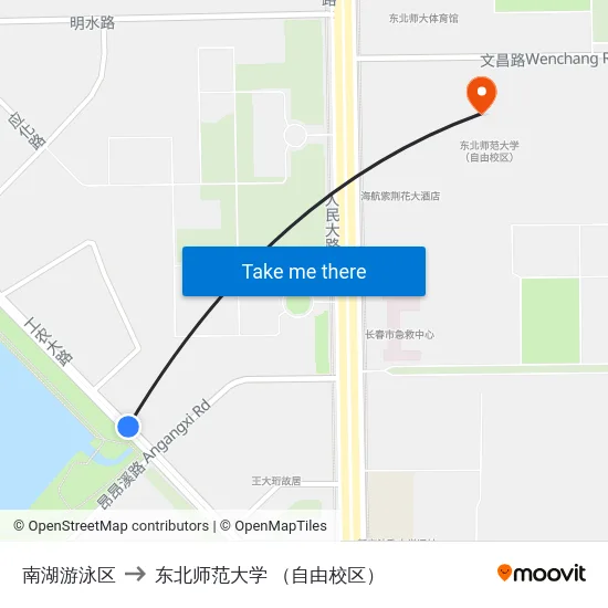南湖游泳区 to 东北师范大学 （自由校区） map