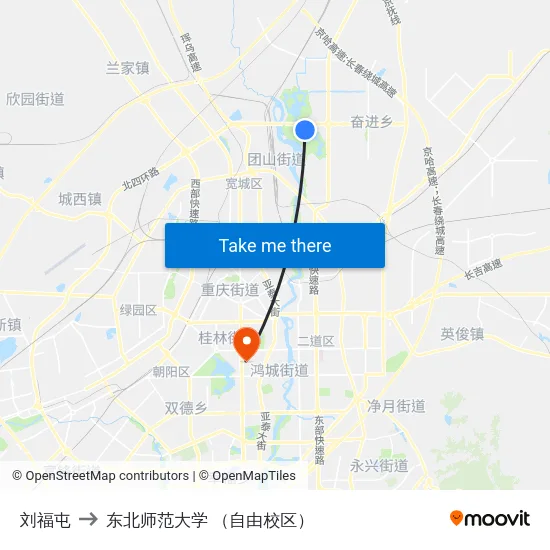 刘福屯 to 东北师范大学 （自由校区） map
