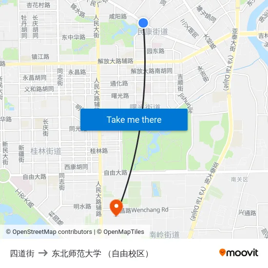 四道街 to 东北师范大学 （自由校区） map