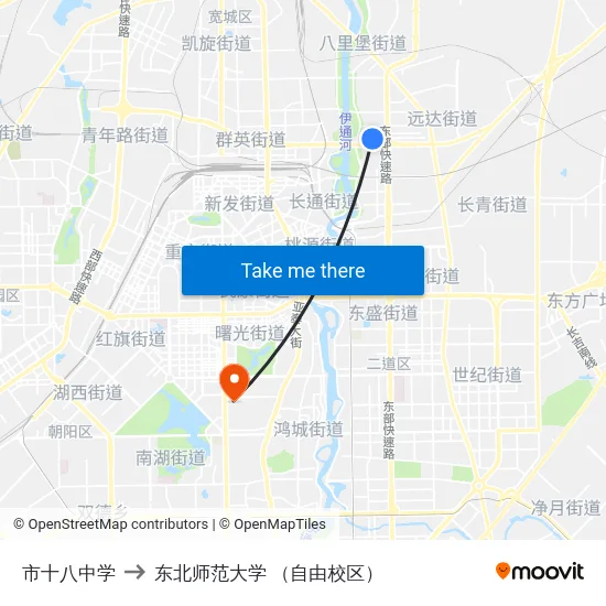 市十八中学 to 东北师范大学 （自由校区） map
