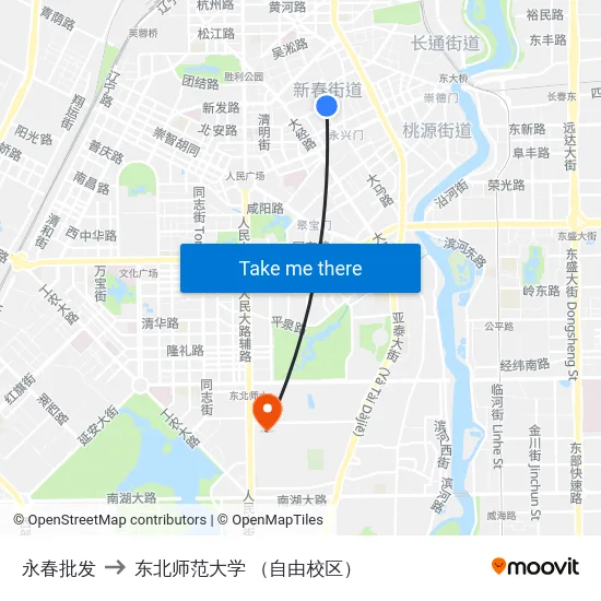 永春批发 to 东北师范大学 （自由校区） map
