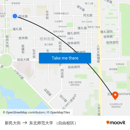 新民大街 to 东北师范大学 （自由校区） map
