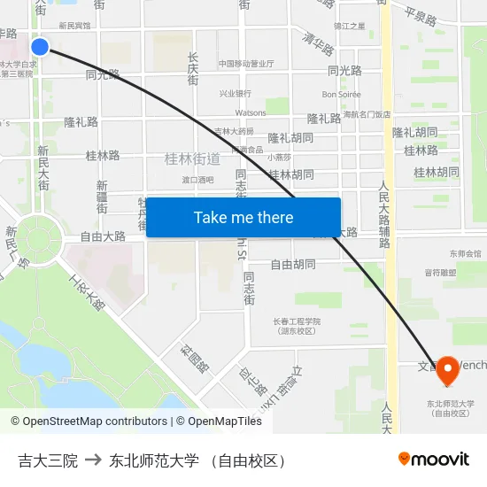 吉大三院 to 东北师范大学 （自由校区） map
