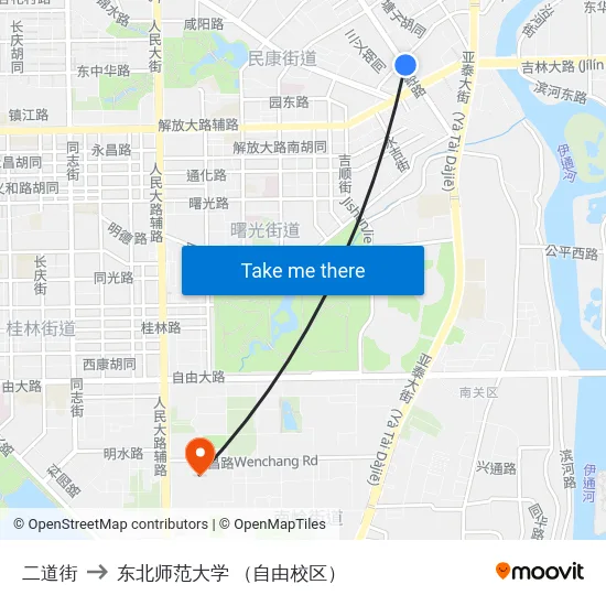 二道街 to 东北师范大学 （自由校区） map